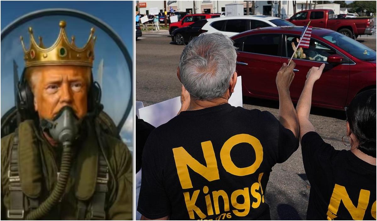 ‘கிங் ட்ரம்ப் ஜெட்’ – போராட்டக்காரர்களை கலாய்த்து அதிபர் வெளியிட்ட ஏஐ வீடியோ! | Trump posts AI video of himself flying KING TRUMP jet and bombing protesters with brown liquid